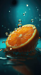 Fototapeta na wymiar Ripe orange fruit floating with orange juice splash. Fresh juicy half of orange splashing in water. Organic food concept. Vivid orange and turquoise colors. Clean touch over in Photoshop Generative AI