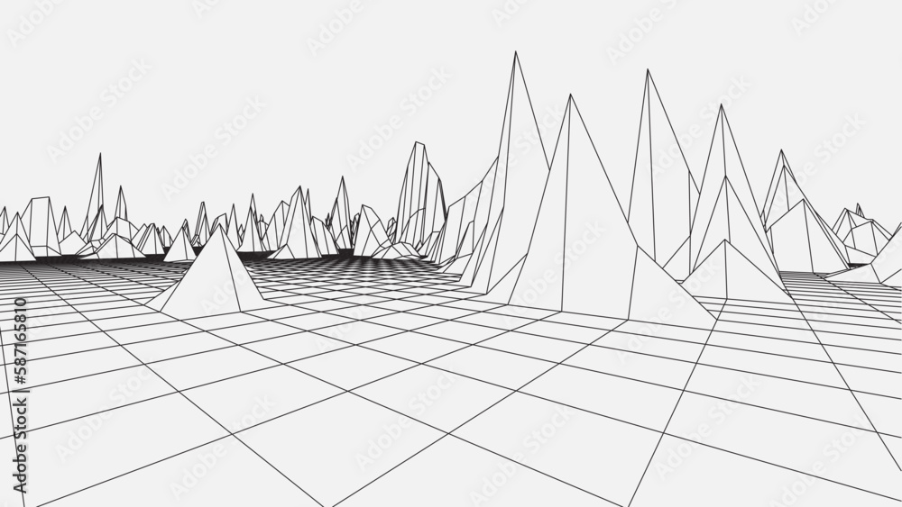 Poster abstract wireframe background. 3d grid technology illustration landscape. digital terrain cyberspace