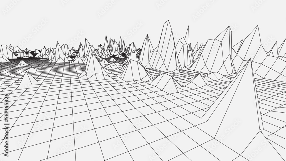 Aufkleber abstract rocky hills in the ocean wireframe background. 3d grid technology illustration landscape. d