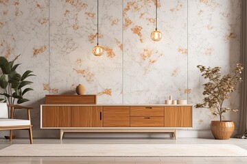 White orange Japanese living room. Wooden dresser with wall mockup. Marble floor, wallpaper. Modern decor,. Generative AI