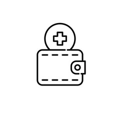 Health insurance shopping. Cross symbol in a wallet. Pixel perfect, editable stroke icon