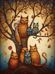 Cute cat family illustration. painting style illustration. children's fairy tale illustration.