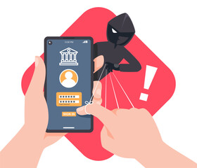 Fake operator thief calls the smartphone to manipulate user transaction banking app. Fraud scam and steal private data on devices. vector illustration flat design for cyber security awareness concept