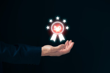 Hand shows the sign of the top service Quality assurance 5 star, Guarantee, Standards, ISO certification and standardization concept.