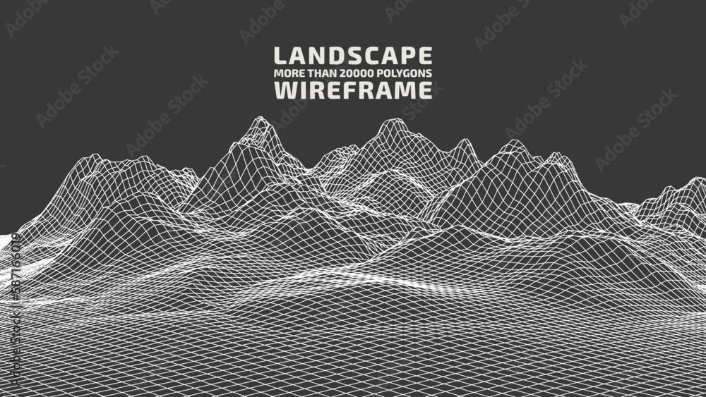 Aufkleber abstract wireframe background. 3d grid technology illustration landscape. digital terrain cyberspace