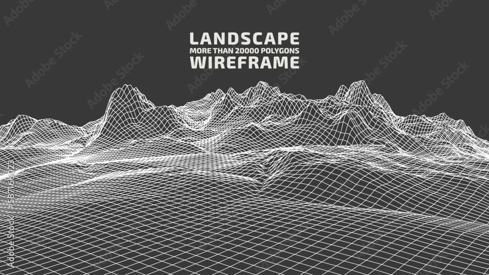 Aufkleber abstract wireframe background. 3d grid technology illustration landscape. digital terrain cyberspace