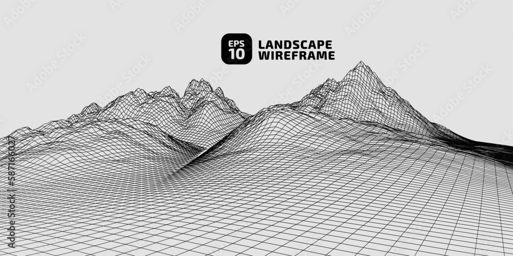Poster abstract wireframe background. 3d grid technology illustration landscape. digital terrain cyberspace