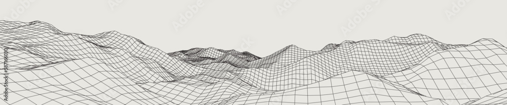 Aufkleber abstract wireframe background. 3d grid technology illustration landscape. digital terrain cyberspace