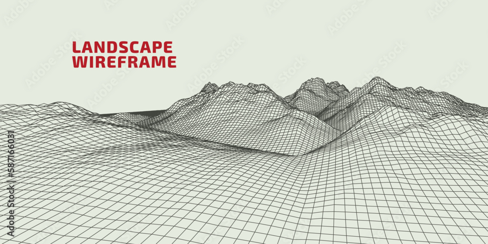Aufkleber abstract wireframe background. 3d grid technology illustration landscape. digital terrain cyberspace