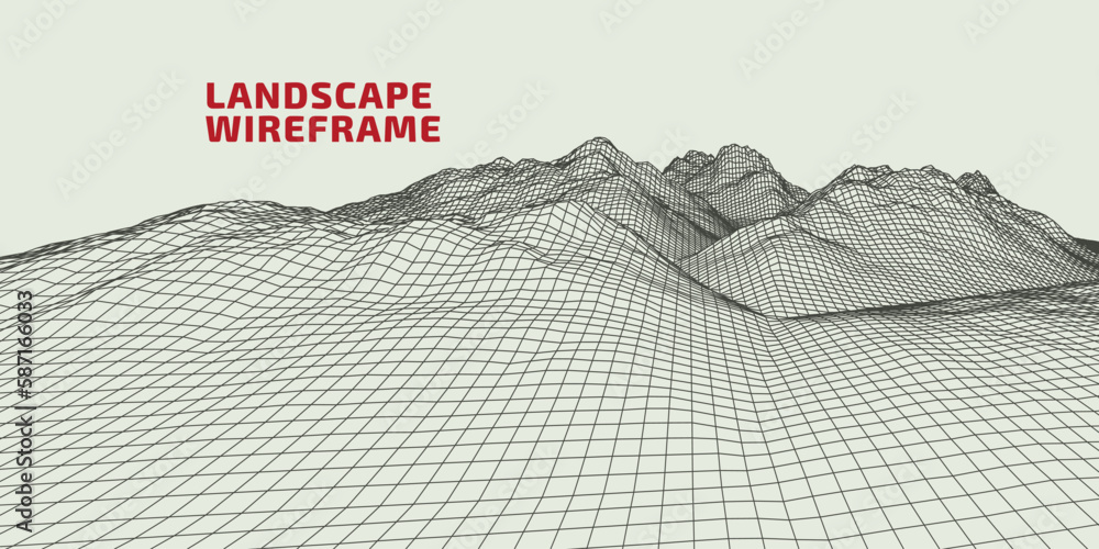 Poster abstract wireframe background. 3d grid technology illustration landscape. digital terrain cyberspace