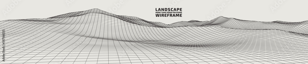 Fototapete abstract wireframe background. 3d grid technology illustration landscape. digital terrain cyberspace