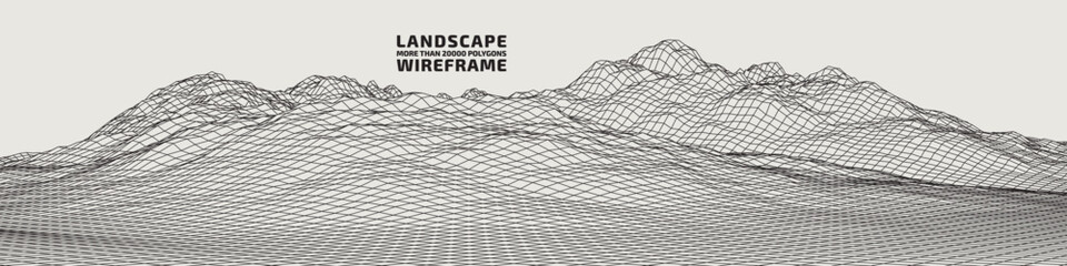 Abstract wireframe background. 3D grid technology illustration landscape. Digital Terrain Cyberspace in Mountains with valleys. Data Array. Black on white. Vector Illustration.