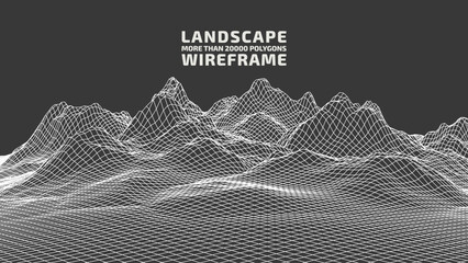 Abstract wireframe background. 3D grid technology illustration landscape. Digital Terrain Cyberspace in Mountains with valleys. Data Array. White on black. Vector Illustration.