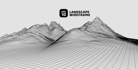 Abstract wireframe background. 3D grid technology illustration landscape. Digital Terrain Cyberspace in Mountains with valleys. Data Array. Black on white. Vector Illustration.