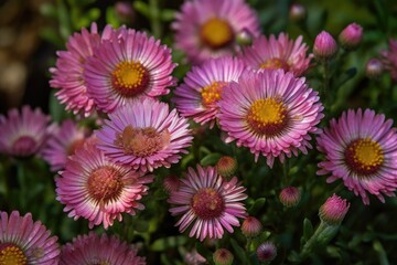Fototapeta premium close-up view of pink flowers with dew drops. Generative AI