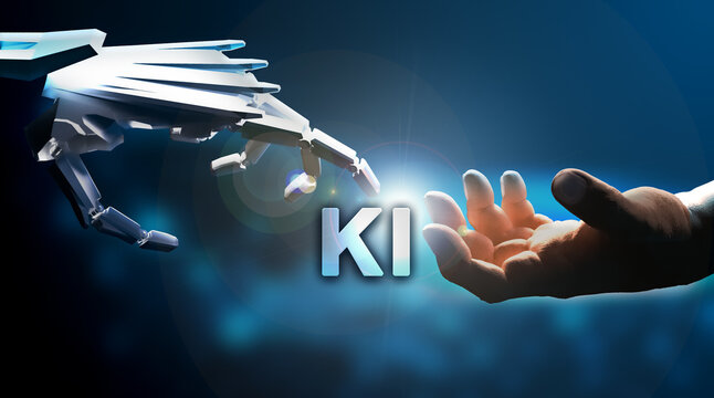 AI / KI: Die Erschaffung Adams - eine Roboterhand berührt eine Menschlische Hand. Mit KI Schriftzug. Michelangelo.