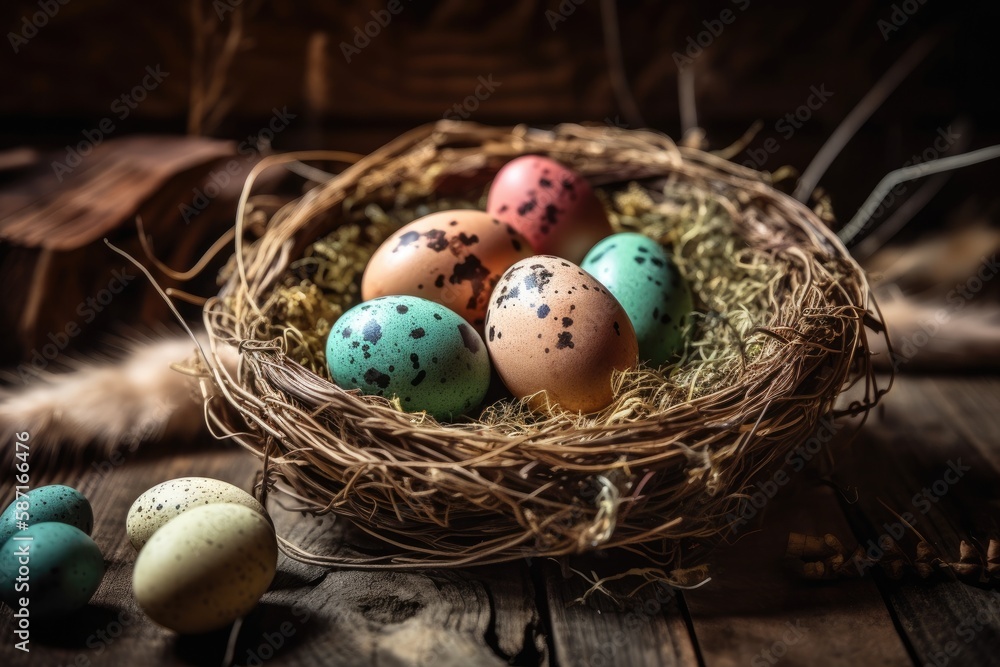 Aufkleber bird nest with eggs placed on a rustic wooden table. generative ai