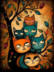 Cute cat family illustration. painting style illustration. children's fairy tale illustration.