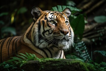 Obraz premium Picture of a Malayan Tiger (Panthera Tigris Tigris) Resting in Zoo Negara, Kuala Lumpur, Malaysia, 9 November 2019. Generative AI