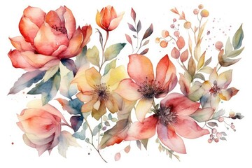 watercolor flowers and leaves. Generative AI