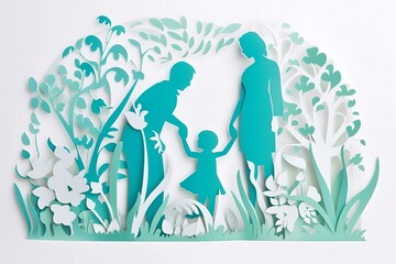 Paper cutout of a family surrounded by flowers. Family day card. Parents day card. Father mother and child created with Generative AI technology. Childrens day