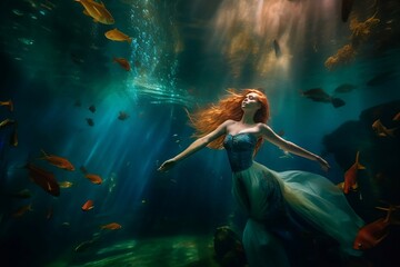 Naklejka na ściany i meble Beautiful woman with red hair in blue dress swims under the water with fishes and sun rays created with Generative AI technology