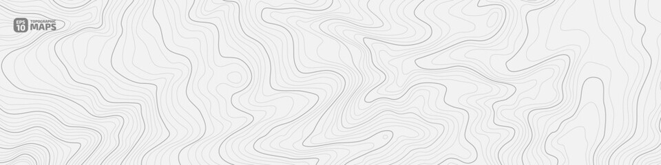The stylized height of the topographic contour in lines and contours. Сoncept of a conditional geography scheme and the terrain path. Black stroke on white background. Wide size. Vector illustration.