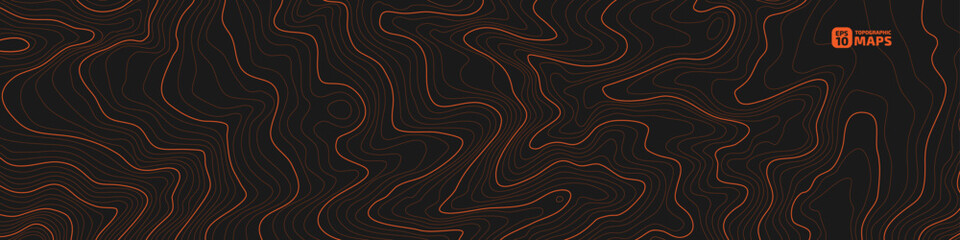 The stylized height of the topographic map contour in lines and contours. The concept of a conditional geography scheme and the terrain path. Orange on black. Wide size. Vector illustration.