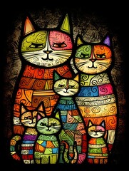 Obraz premium Cute cat family illustration. painting style illustration. children's fairy tale illustration.