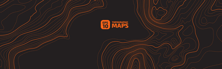 The stylized height of the topographic map contour in lines and contours. The concept of a conditional geography scheme and the terrain path. Orange on black. Wide size. Vector illustration.