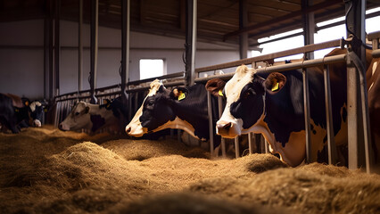 Healthy Cows Feeding on Hay in a Clean and Spacious Cowshed on a Dairy Farm. Generative AI. - obrazy, fototapety, plakaty