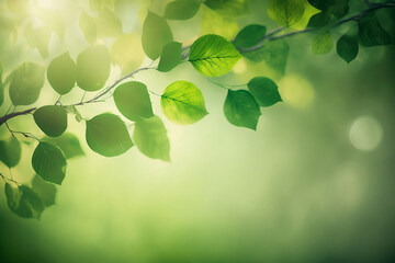 Nature Green Tree Fresh Leaf On Beautiful Blurred Soft Bokeh Sunlight Background With Free Blank Copy Space, Template, Spring Season, Generative Ai
