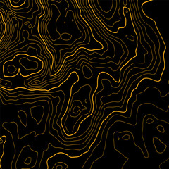 The stylized height of the topographic map contour in lines and contours. The concept of a conditional geography scheme and the terrain path. Yellow on black. Wide size. Vector illustration.