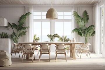 Obraz premium Palm filled coastal dining room. Homey backdrop. Hamptons illustration. Banner. Generative AI