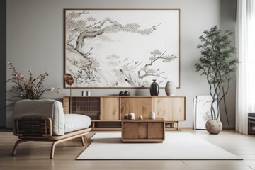 Japanese living room, all white proposal draft. Hardwood dresser with frame prototype. Marmoleum. Modern decor,. Generative AI
