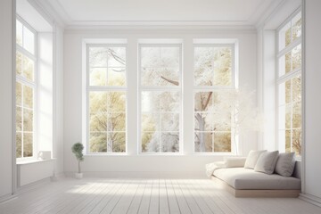 Fototapeta na wymiar Minimalist White Room with Large Windows and a White Couch. Generative AI