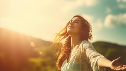 Backlit Portrait of calm happy smiling free woman with open arms and closed eyes enjoys a beautiful moment life on the fields at sunset