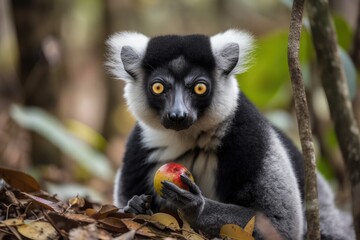 Indri indri Babakoto, the largest lemur of Madagascar, has a black and white coat, is arboreal and herbivorous, eating on leaves and seeds, and has red lips. Generative AI