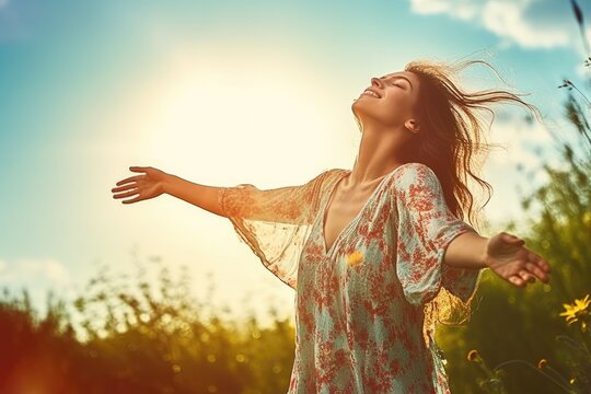 Backlit Portrait of calm happy smiling free woman with open arms and closed eyes enjoys a beautiful moment life on the fields at sunset