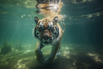 A tiger swim in water to catch fish, generative AI