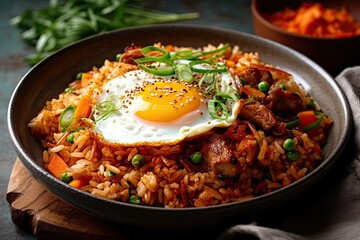 Fried Rice with Homemade Pork Belly Kimchi and Green Onions. Generative AI - obrazy, fototapety, plakaty