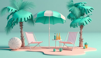 Obraz premium Beach chairs and accessories under palm tree 2 Summer vacation concept on pastel background, Generative AI