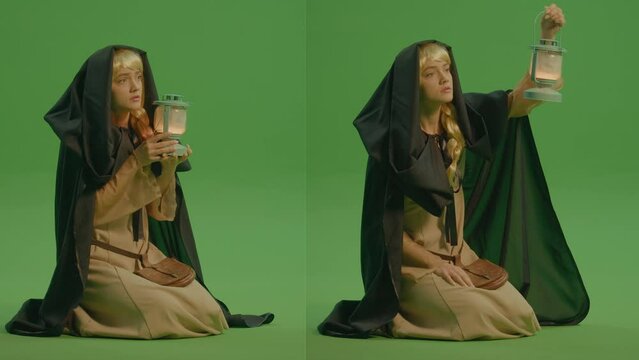 2-in-1 Split Green Screen Montage.A Fairy-tale Woman, in a Hooded Cloak and a Medieval Dress, Keeps the Lamp Fearing Darkness. Magic Forest: a Mysterious and Enigmatic World. Magical Creatures.