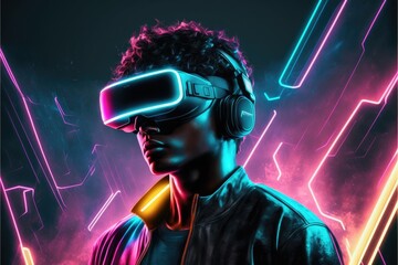 A young man in VR glasses playing video games with virtual reality headset. Concept of gaming in cyberpunk lifestyles. Finest generative AI.