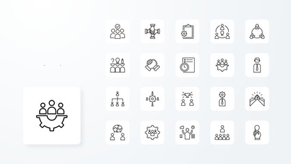 Teamwork and Management icon collection with black outline style. community, cooperation, handshake, manager, success, teamwork, brainstorm. Vector Illustration