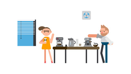 Male and female employees drink coffee and talk brew coffee from a coffee machine