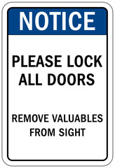 Door safety sign and labels please lock all doors. Remove valuables from sight
