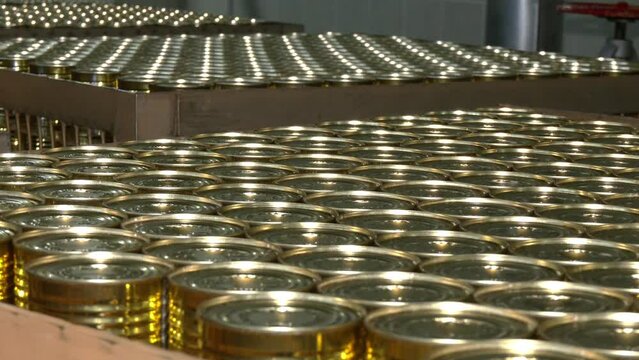 metal containers used for tomato. aluminum cans for food processed in factory line conveyor machine at canned food manufacturing