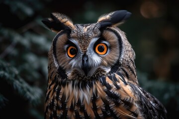 Bird in close up portrait. The northern long eared owl is a species of long eared owl (Asio otus). They reside throughout North America, Europe, Asia, and Africa. Generative AI