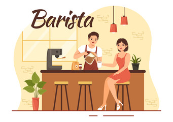 Barista Illustration With Wearing Standing Apron Making Coffee for Customer in Flat Cartoon Hand Drawn Landing Page or Web Banner Template